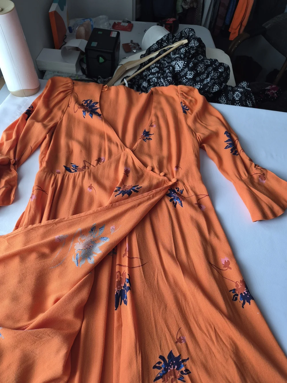 New Free People Orange Floral Wrap Front Bell Sleeve Swing Dress XS